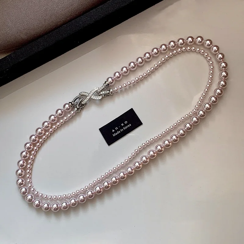 

European and American New Rose Purple Pearl Necklace Women's Double-layer Layered Light Luxury High-quality Collarbone Chain