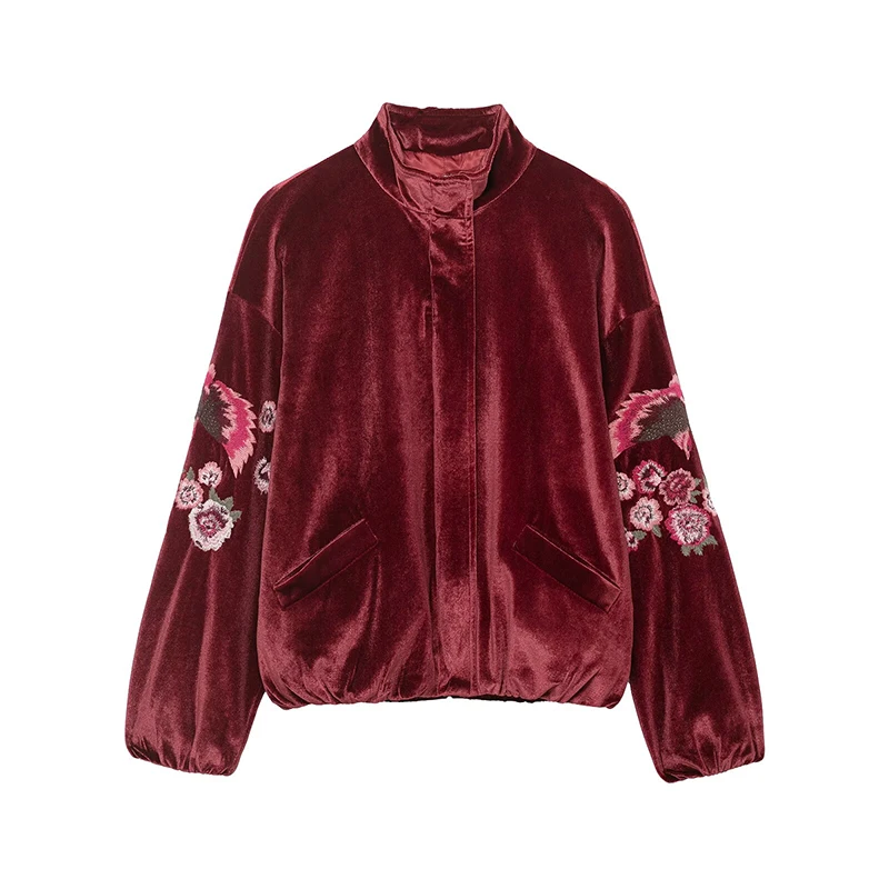 2026 New Women's Casual Fashion Minimalist Style Stand Collar Long Sleeve Velvet Embroidered Quilted Cotton Jacket vestes femmes