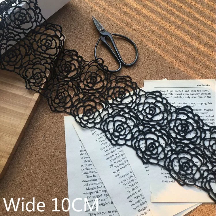 Embroidered Ribbon Flowers Fabric Lace Neckline Collar Trim Wedding Gifts Crafts 10CM Elegant Wide Black Cotton Polyester
