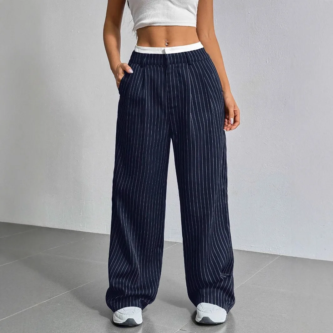Casual High Waist Wide Leg Pants Striped Drapey Straight Cut Trousers Color Block Women's Fashion Spring Season China Made