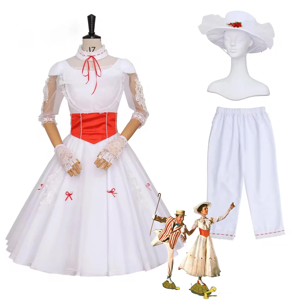 

Movie Mary Cosplay Poppin Costume White Ball Dress With Pants Hat Full Set Women Halloween Performance Costume