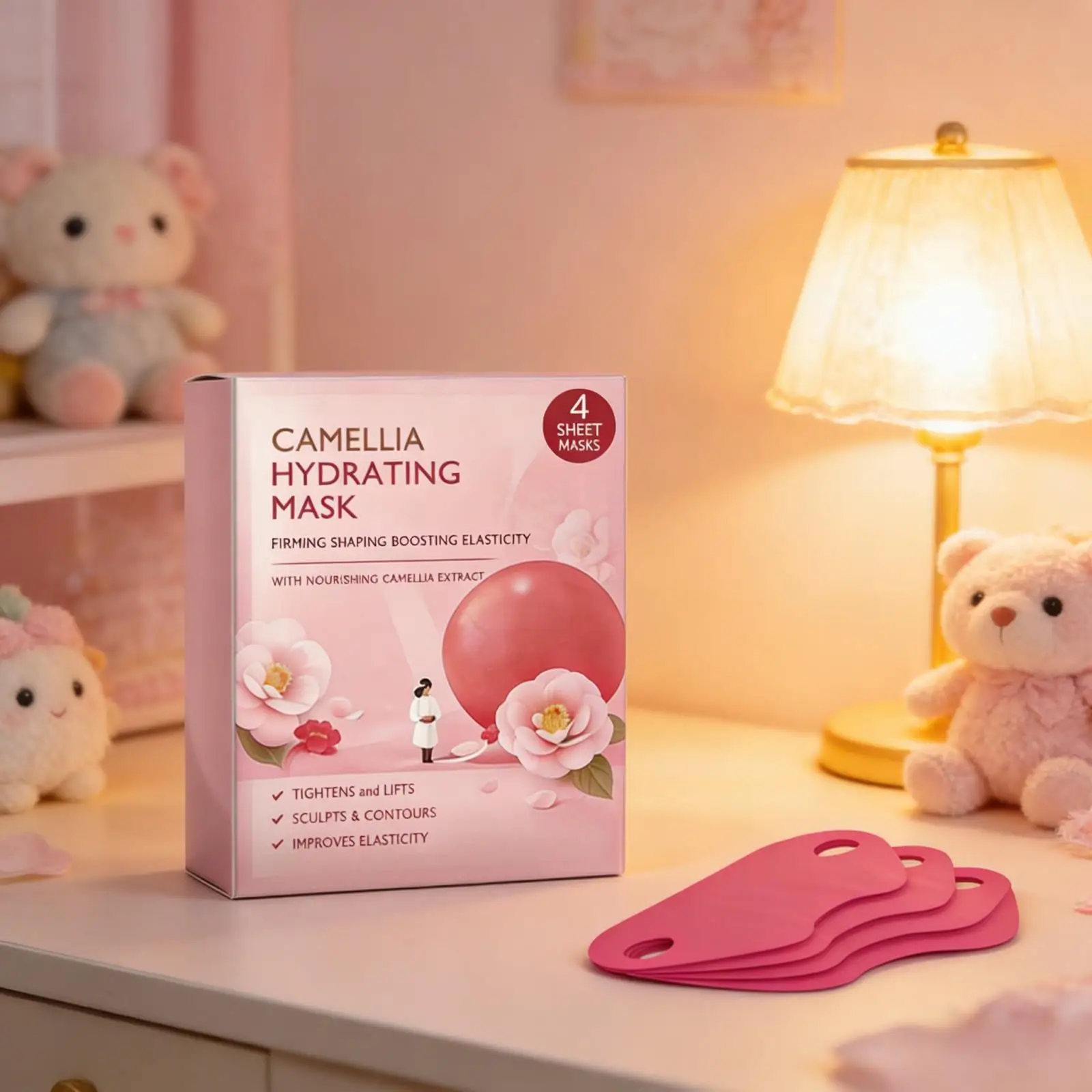 

Маска для лица V-образной формы с камелией для подтяжки кожи, повышения эластичности, глубокого увлажнения, устранения двойного подбородка, лифтинг-маска, 4 шт.