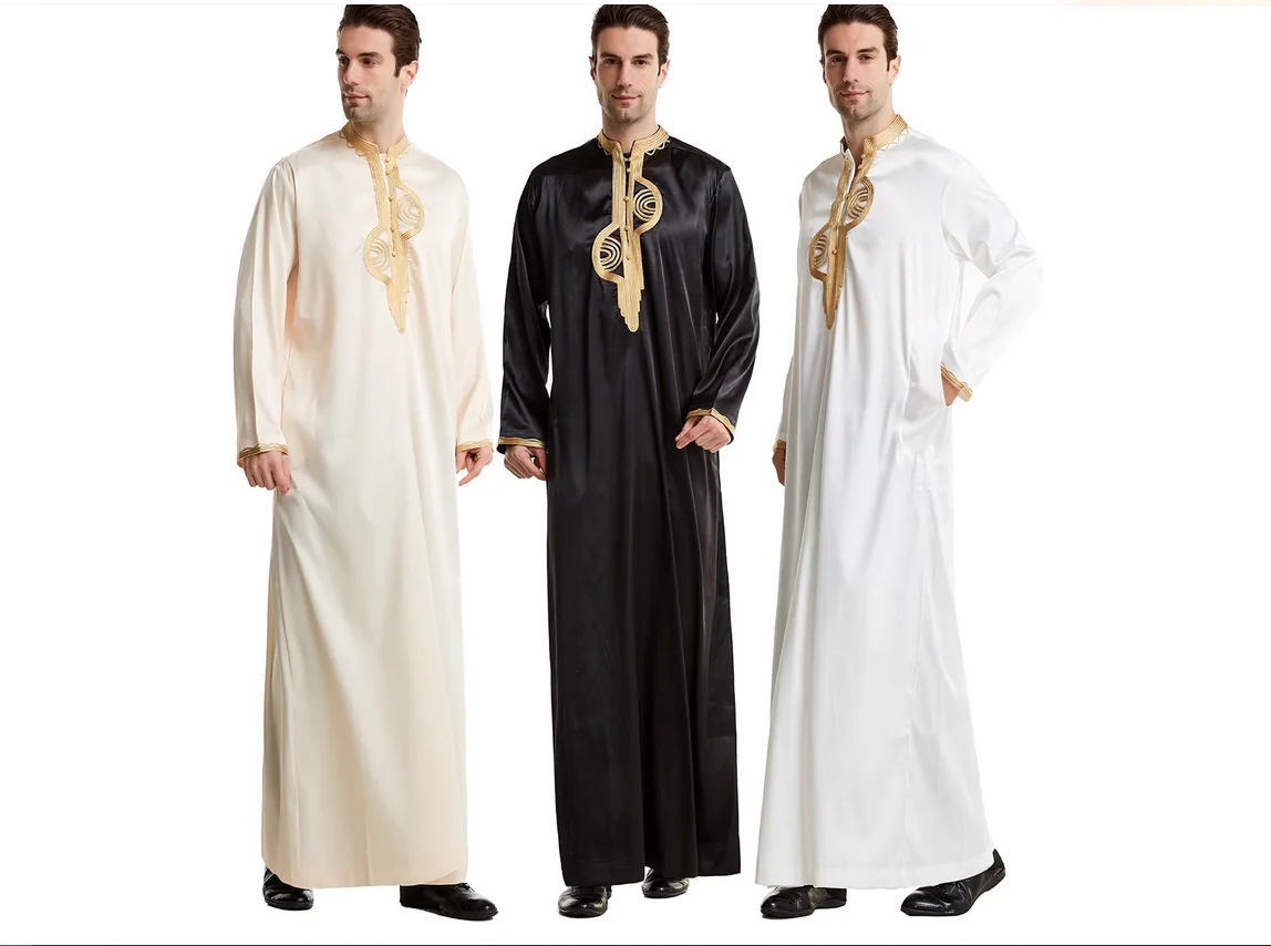 Standing collar gold thread embroidered solid color robe for Saudi Arabian men's loose casual robe