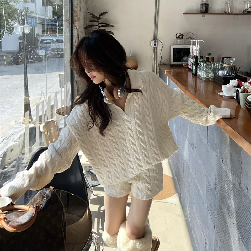 Winter Korean Style Knited Sweater Suit Women Loose Casual Polo Pullover Top +sweater Shorts Female Two Piece Set Outfits 2024