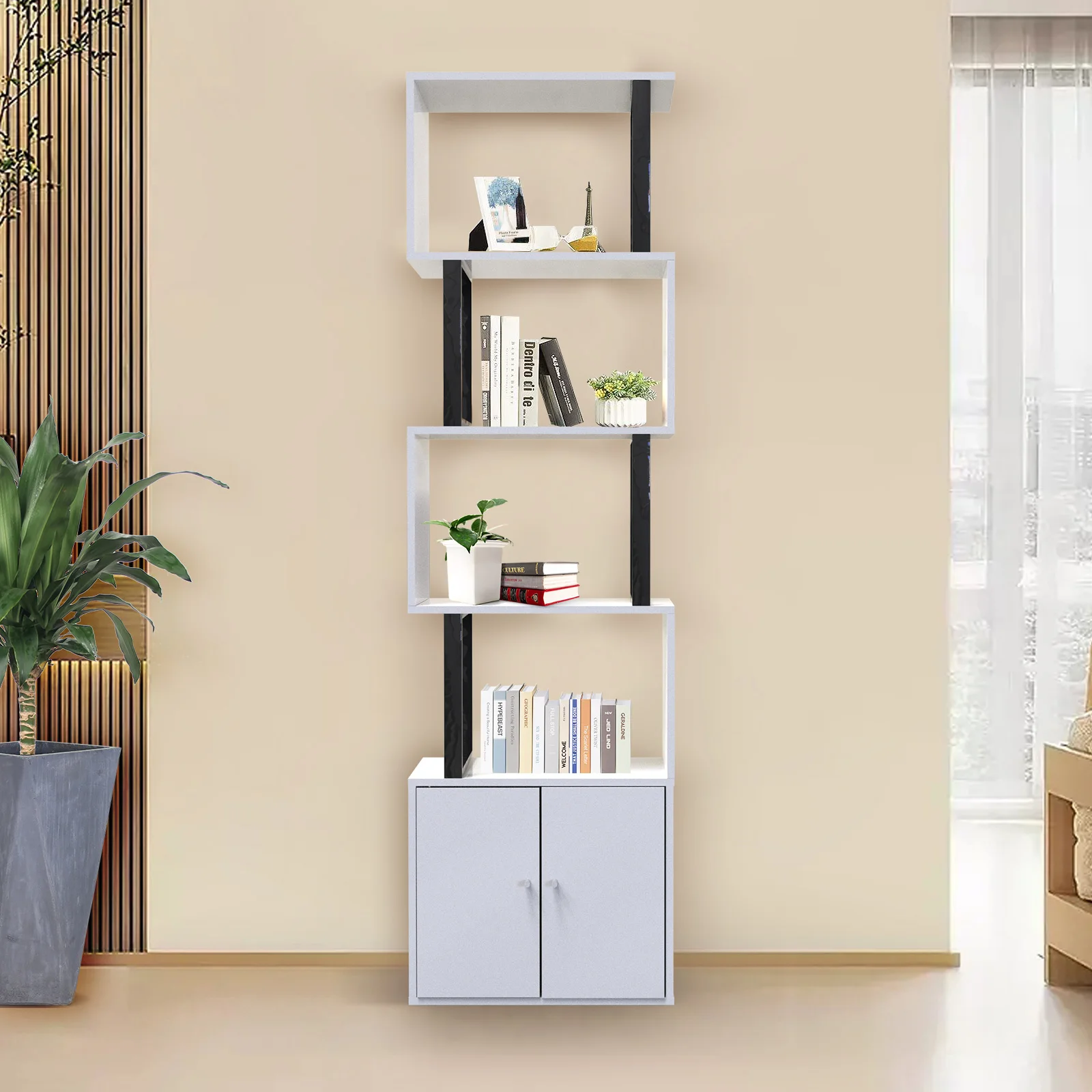 

5-Tier S-Shaped Z-Style Bookshelf Display Rack with Storage Cabinet, Modern Freestanding Multi-Functional Decorative Storage She