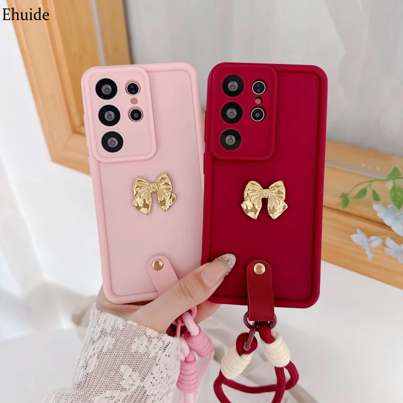 Gold Bowknot Lanyard Case For Samsung Galaxy S26 Ultra S21 S22 S23 S25 FE S24 Plus A17 Short Chain Bracelet Wrist Strap Cover