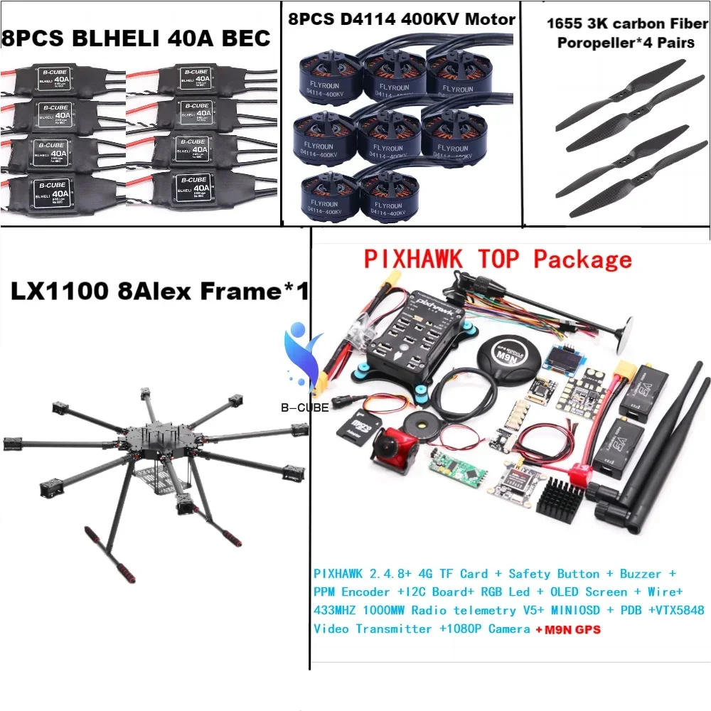 

B-CUBE LX1100 Full Carbon Fiber 1100mm Octa-Rotor Frame BLHELI 40A ESC PX4 Pixhawk 2.4.8 M9N Flight Comtrol Set D4114 Motor RC