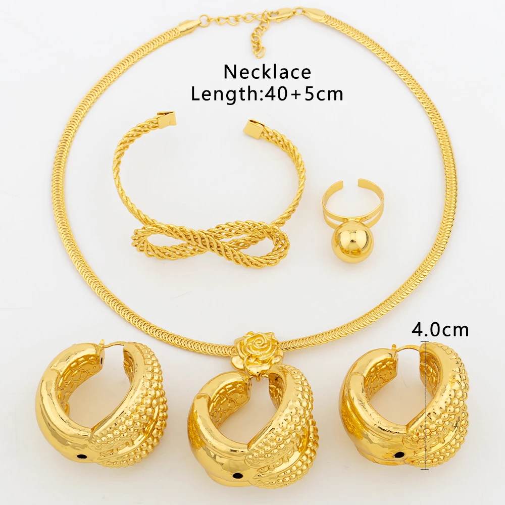 Luxury Round Dubai Gold Color Jewelry Sets For Women African Necklace Earrings Bead Ring Bracelet Arab Bridal Wedding Party Gift