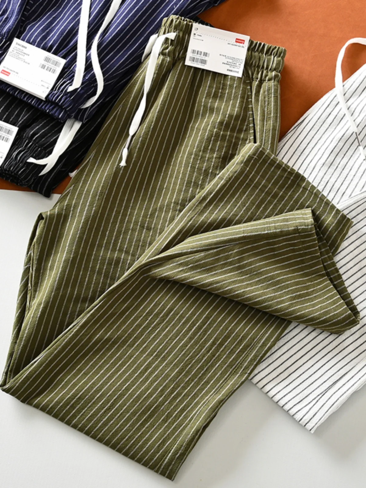 

Прохладные мужские облегающие брюки из ткани с пузырьками, дышащие полосатые свободные прямые повседневные брюки, летние модные городские молодежные брюки для отдыха