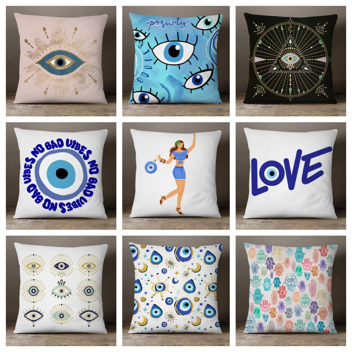 Greek Turkish Evil Eye Hamsa Hand Cushion Covers Middle East Fortune Amulets Print Decorative Sofa Throw Pillow Case