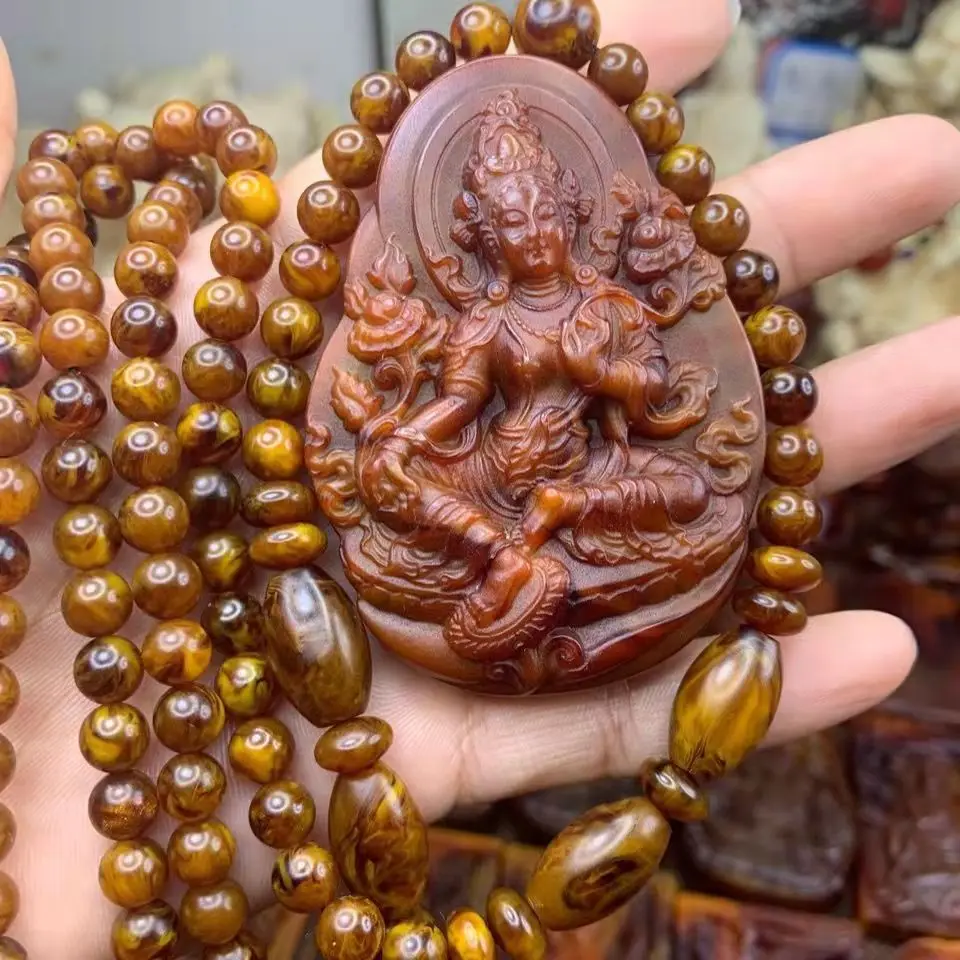 

7mm Beads Chain Handmade Meticulous Carved Lifelike Ambergris Grey Amber Guanyin Tara Pendant Set Necklace Amulet Jewelry