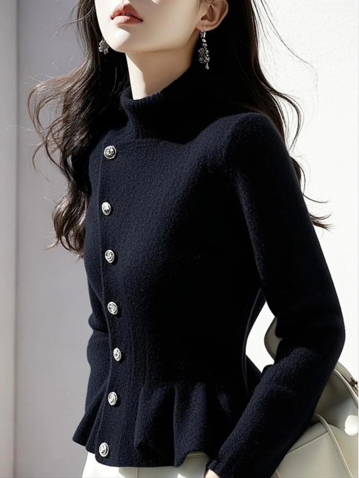 Elegant Black Knitted Sweater Women's Style Winter Lazy Design Sense Woolen Long Sleeve High Collar Regular Length Top
