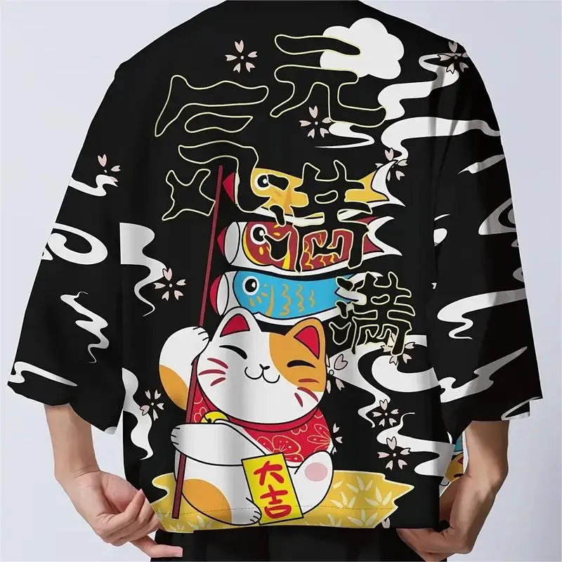 

Fortune Cat Graphic Kimono For Men Women 3D Sakura Cats Samurai Print Haori Cardigan Japanese Traditional Loose Short Cloak Tops