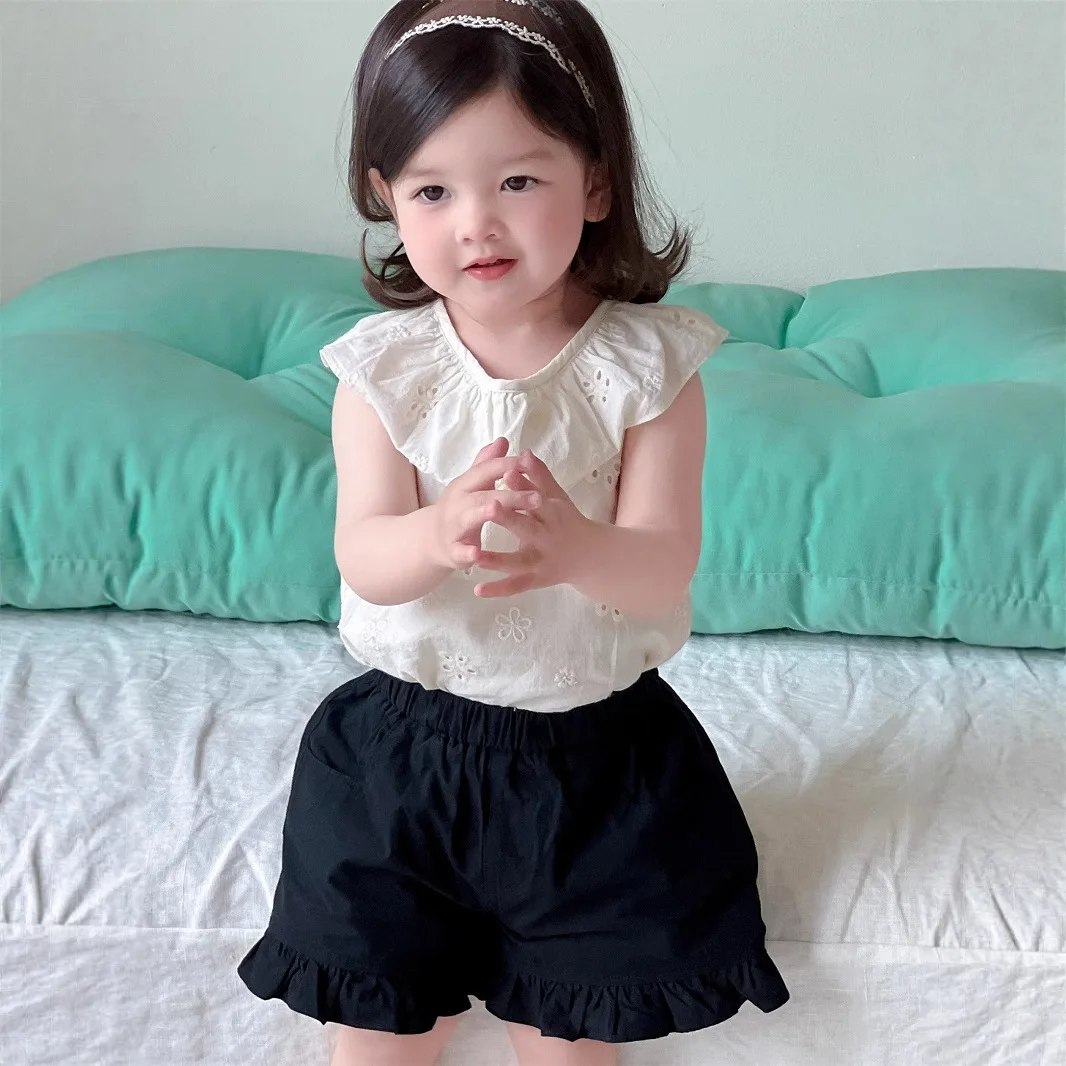 

Girls Suit 2025 Summer New Childrens Clothing Korean Style Girl Baby Fashion Lace Baby Shirt Shorts Two Sets Casual Simple Daily