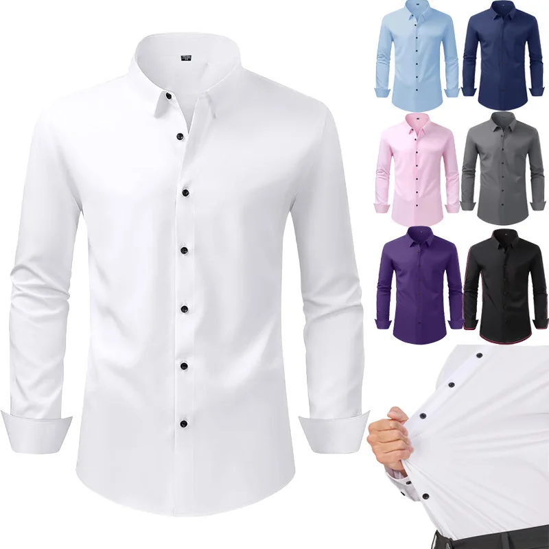 

Four Way Stretch Solid Dress Shirt Mens Long Sleeve Wrinkle Free Business Formal Shirt