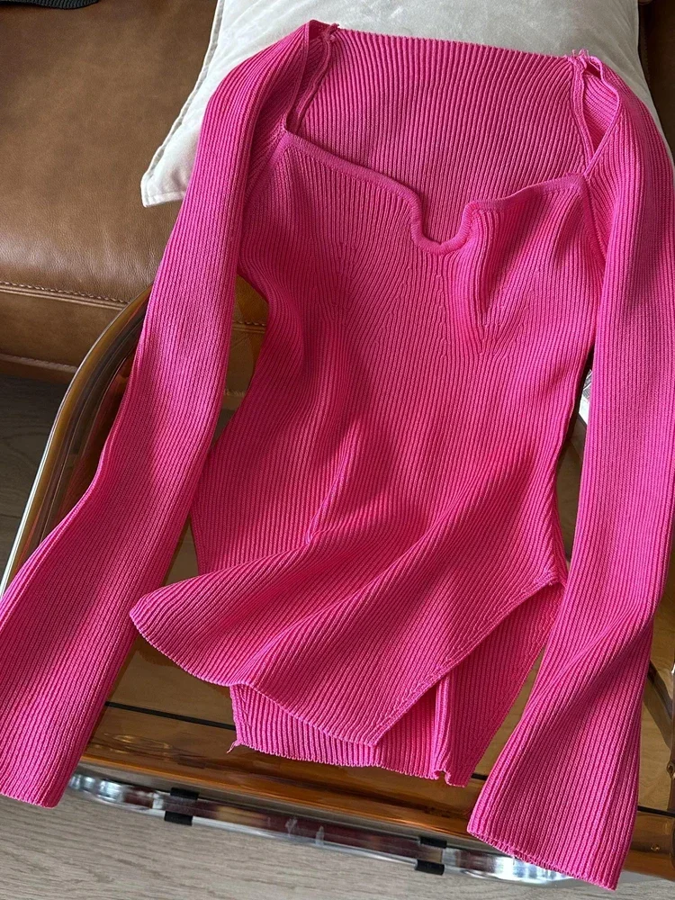 

Autumn Retro Slit Knitted Sweater Women Pullovers Winter Fashion Square Neck Pullovers Women Slim Jumpers Lady Sweater Knit Tops