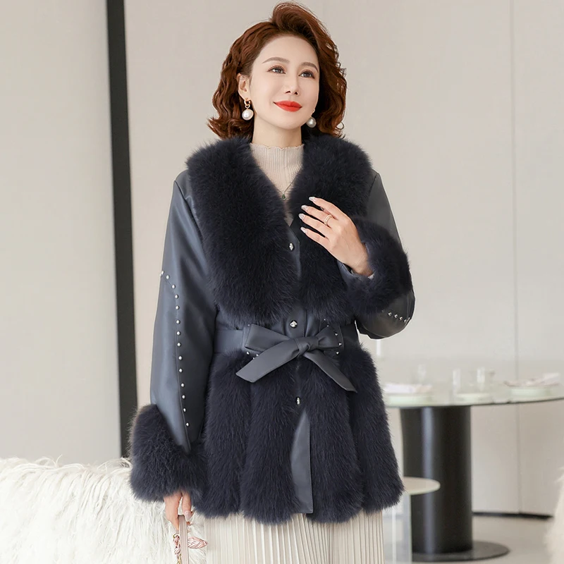 معطف فرو نسائي جديد لخريف وشتاء 2025 باللون البيج والرمادي والقهوة من المخمل المنك السميك من القطن برباط على الخصر