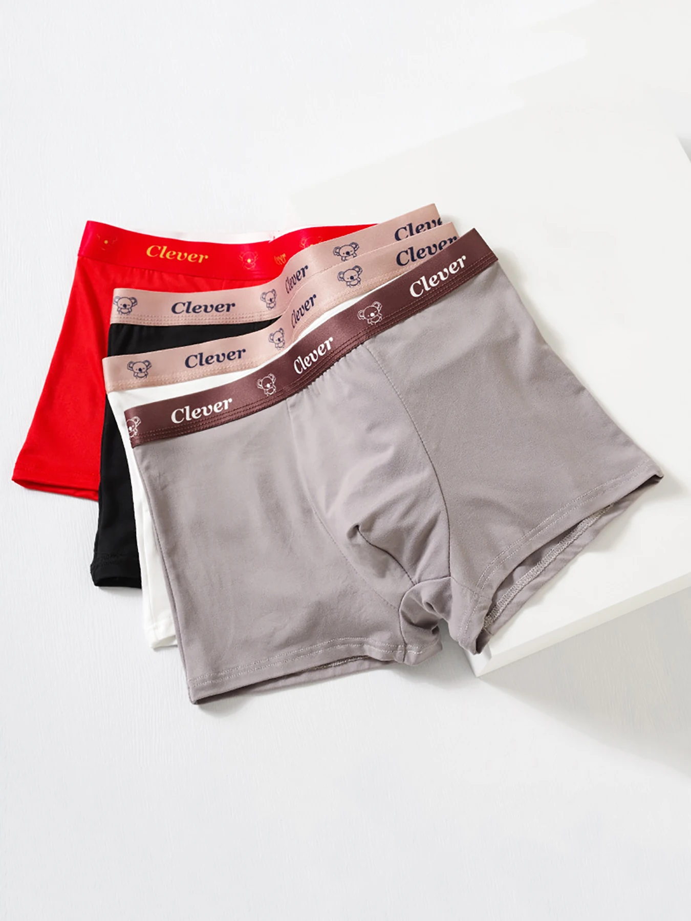

Men's Polyester Boxer Briefs 4-Pack - "Clever" Logo Waistband with Bear Detail, Assorted Color Underwear Set