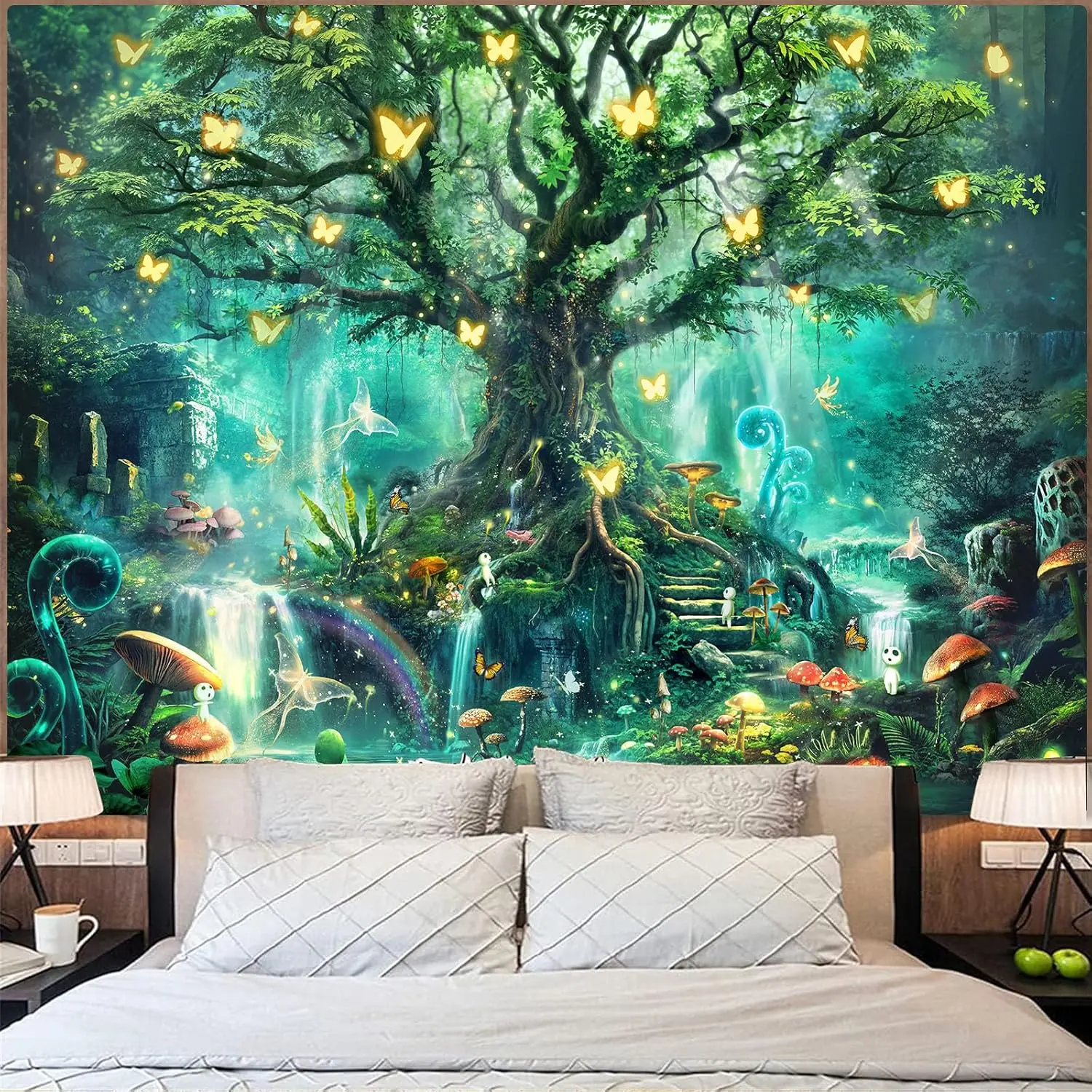 Enchanted Forest Tapestry, Magical Tree of Life with Butterflies Mushrooms Waterfall Fairy Tale Wall Hanging for Bedroom Living