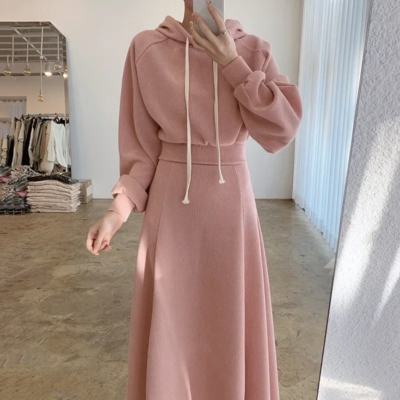 Women Dress Sets Hoodies+High Waist Long Skirt 2Pcs Suit Solid Color Spring Autumn Fashion Streetwear Female Casual Outfits