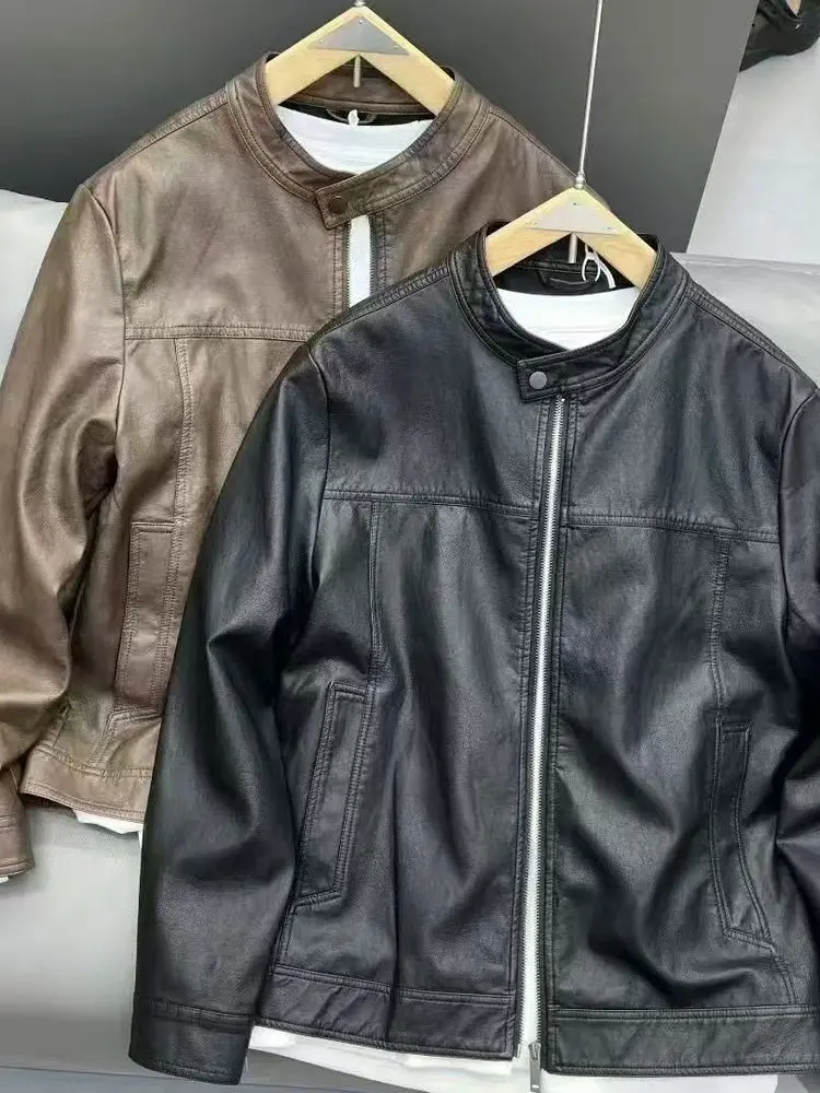 

Мужская байкерская куртка с воротником-стойкой Thiened Fce на подкладке в стиле ретро, роскошная простая теплая повседневная верхняя одежда, длинная свевая молния, одежда...