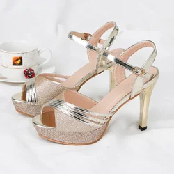 Women Sandals 2020 Summer Shoes Woman Dress Bling Weddging Silver High Heels Pumps Ladies  Zapatos Mujer 7217