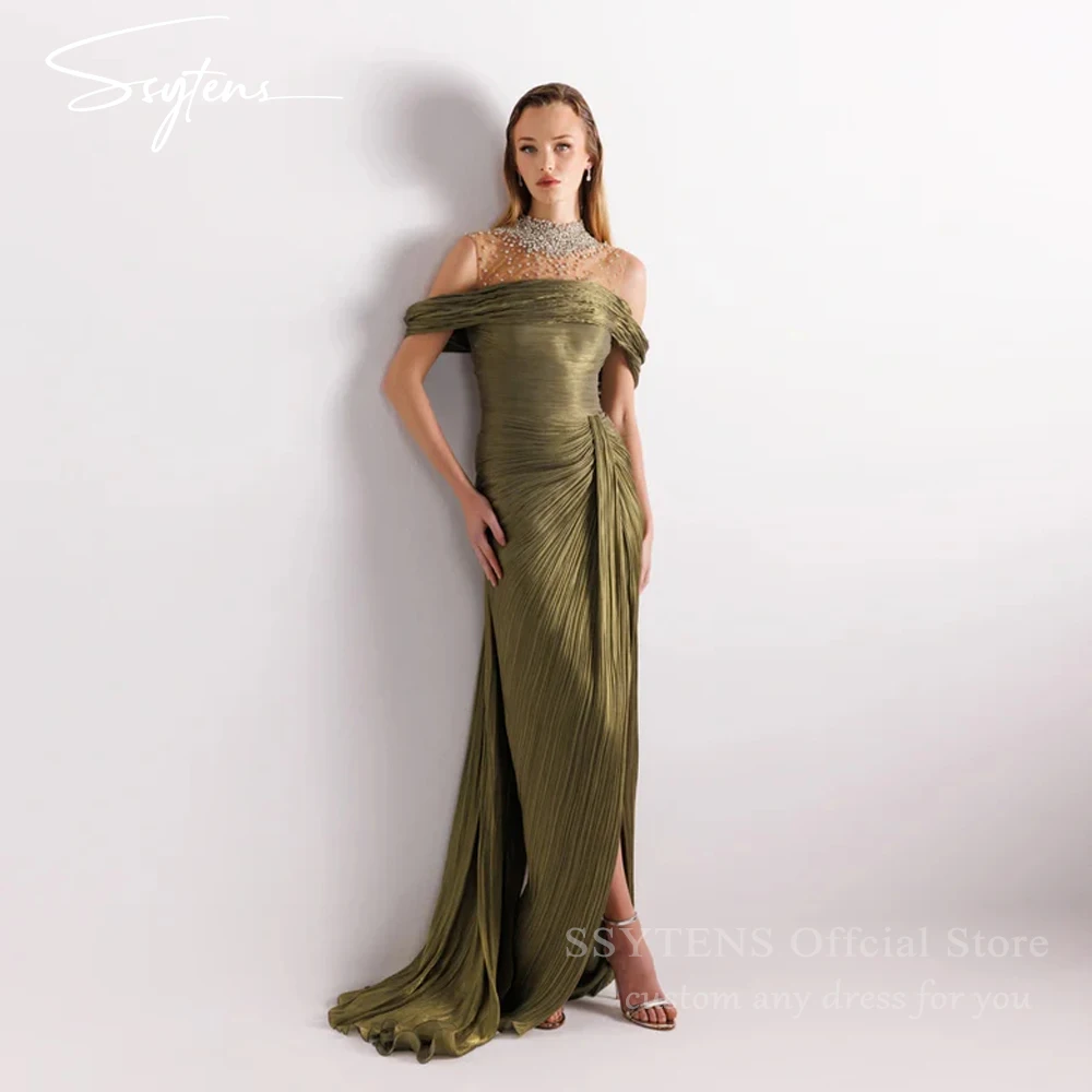 SSYTENS Mermaid Arab Shiny Satin Prom Dresses High Neck Pearls Evening Party Gown Dubai Split Dress robes de soirée Customized
