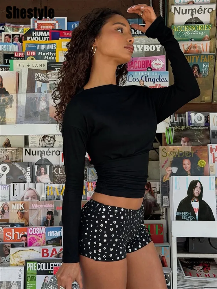 Shestyle Slash Neck Solid Waist-Cinching T-Shirt Long Sleeve Streetwear Sexy Cute Casual Modern Autumn New Style Tops Tee
