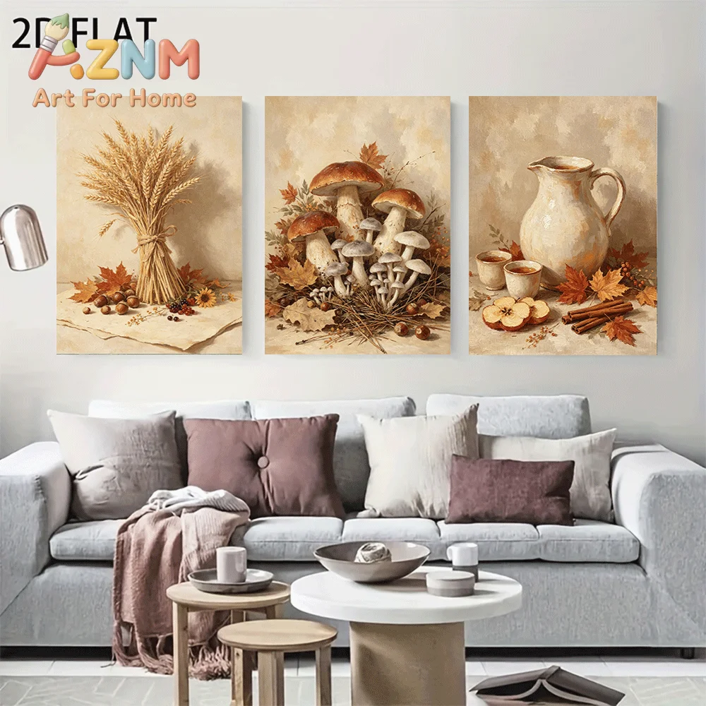 AZNM Frameless Canvas Wall Art, Vintage Autumn Still Life Print, Wheat Mushroom Jug Maple Leaf Harvest Oil Painting Poster for L