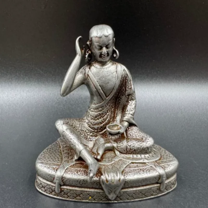 Nepal Antique Mini Thokcha Milarepa Buddha Statue - Tibetan Kagyu Sect Meteorite Iron Craft, Vintage Home Altar Decor