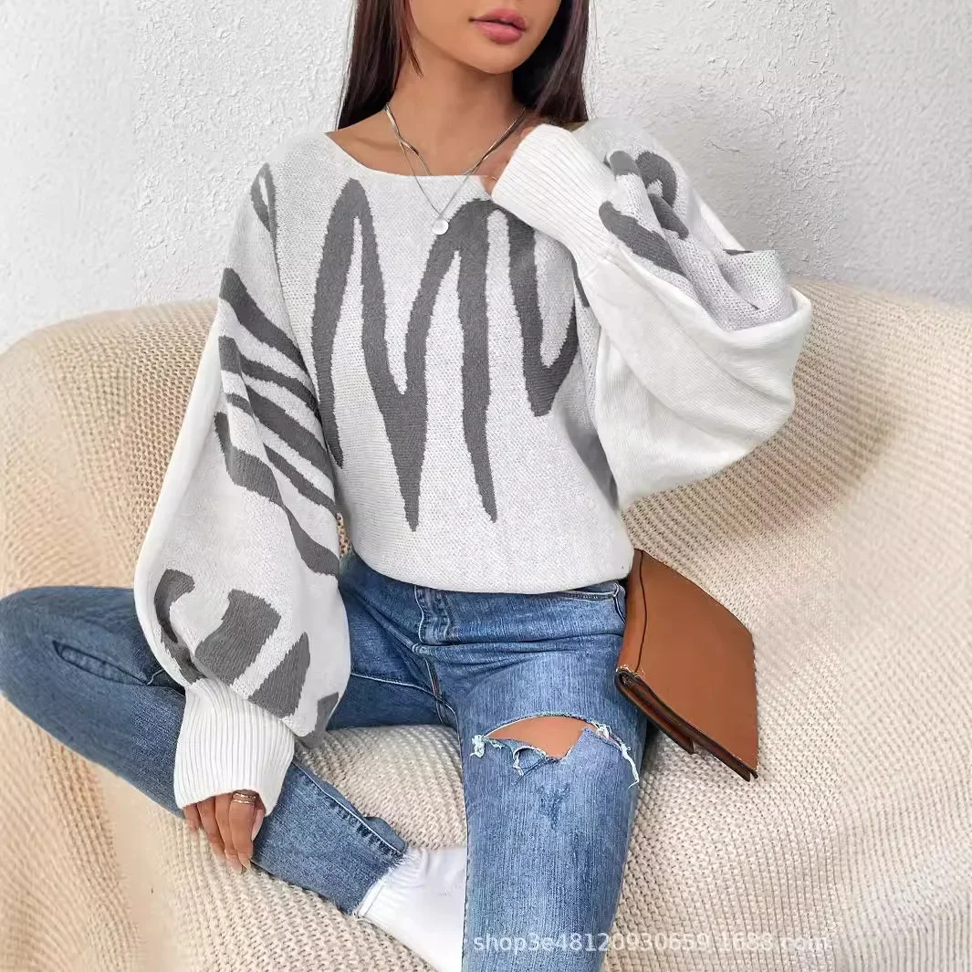 Mulheres impressão suéteres manga longa pulôveres de malha em torno do pescoço grosso jumpers solto quente casual senhora leve estiramento high street