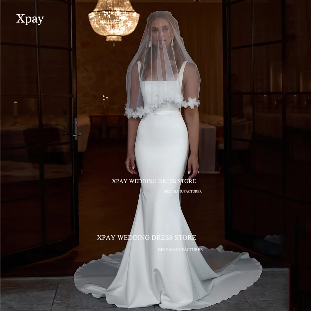 XPAY Abiti da sposa da spiaggia a sirena con scollo quadrato Abito da sposa ampio senza spalline senza maniche Abito da sposa personalizzato con strascico principessa