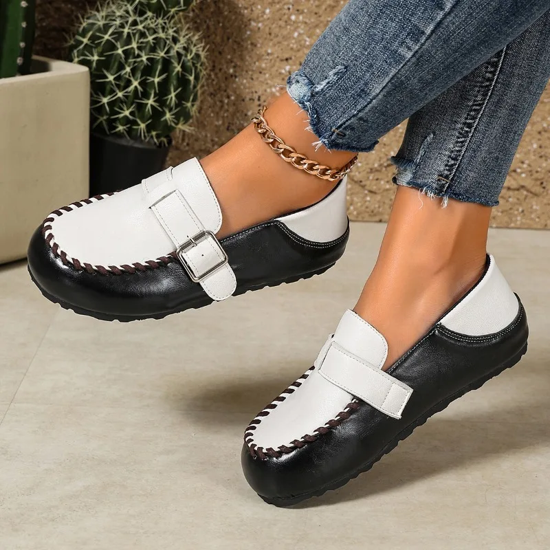 Women Round‑Toe Two‑Tone Buckle Loafers 1CM Flat Heel Contrast‑Stitch Faux‑Leather Slip‑On Dual‑Wear Backless Moccasin Shoes