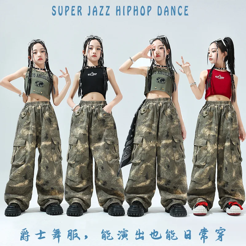 [4-15 Years Old]Girls Hip Hop Jazz Dance Suit High Waist Crop Top Korean Camouflage Pants Girl