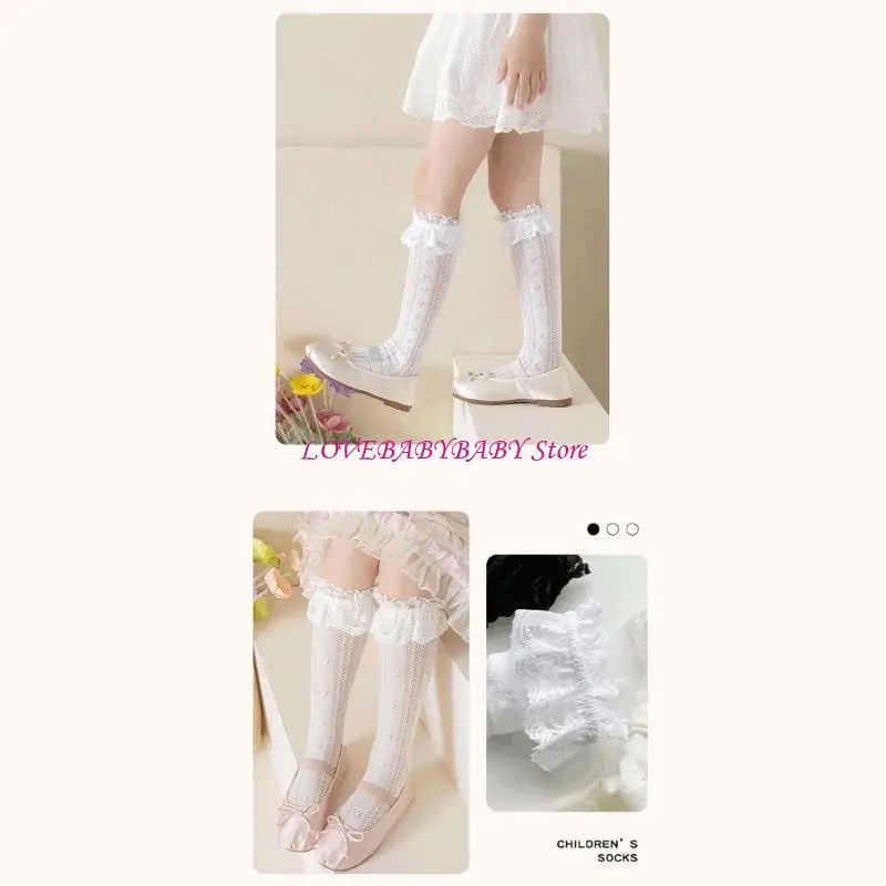 

Mesh Kneehigh Socks for Little Girls Outdoor Socks Breathable Heart Socks for School Kid Lace Trim Dress Socks 4XBC