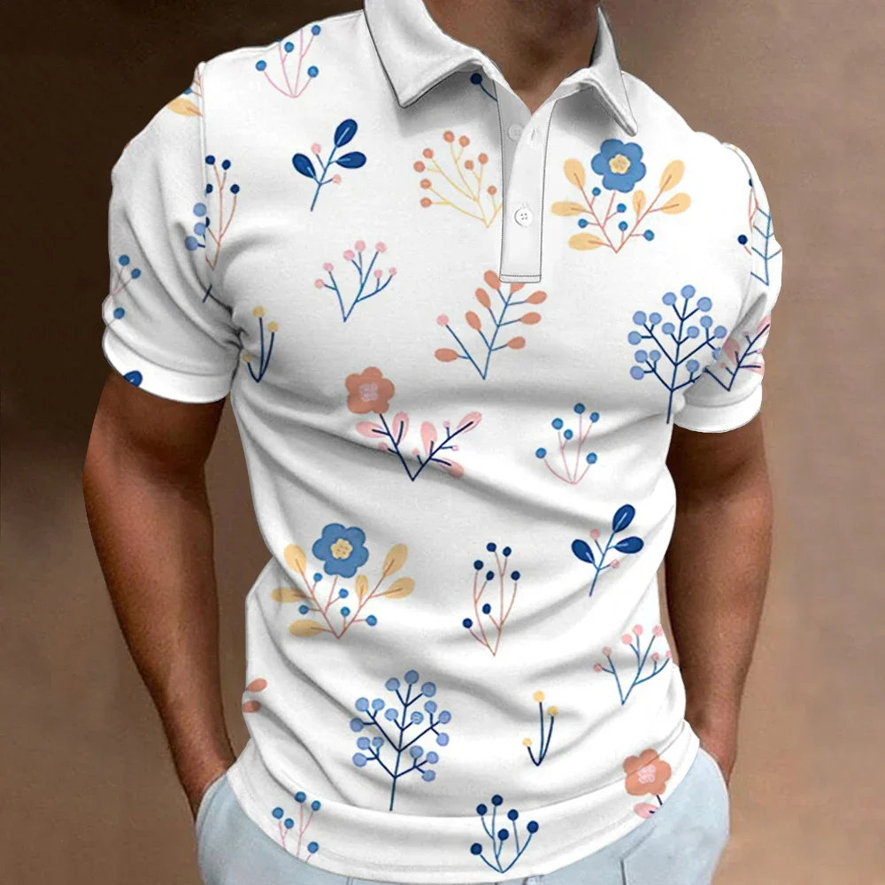 Men\'s Polo Shirt Street Casual Short Sleeve Flower Print Buttons Tops Fashion Pullover Oversized Clothing Male Golf Wear