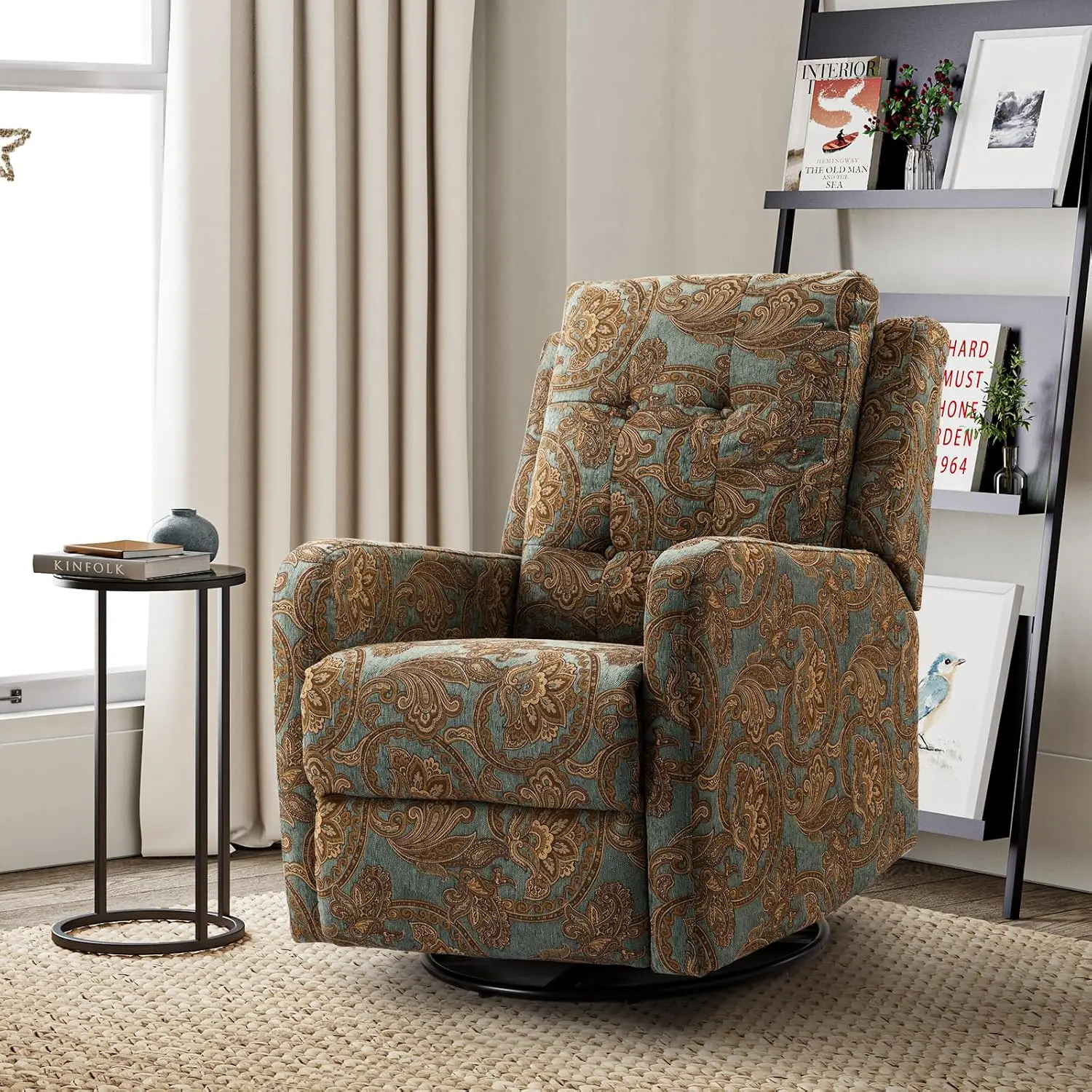 Printed Fabric Recliner Chair, Wingback Rocker Swivel Armchair with Adjustable Backrest & Footrest for Living Room, Customized
