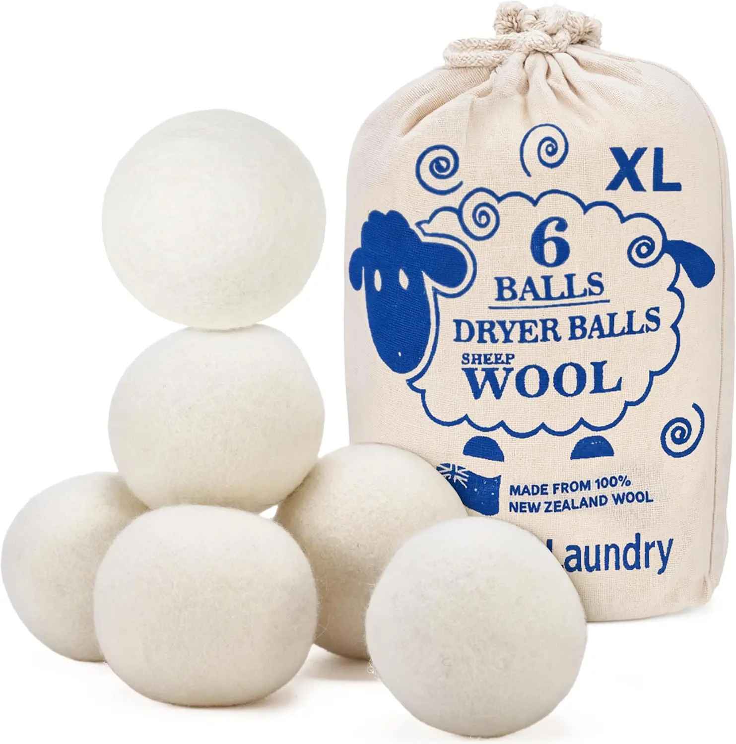 

Natural Wool Dryer Balls, Reusable Fabric Softener, Reduces Wrinkles & Drying Time, Pack of 6