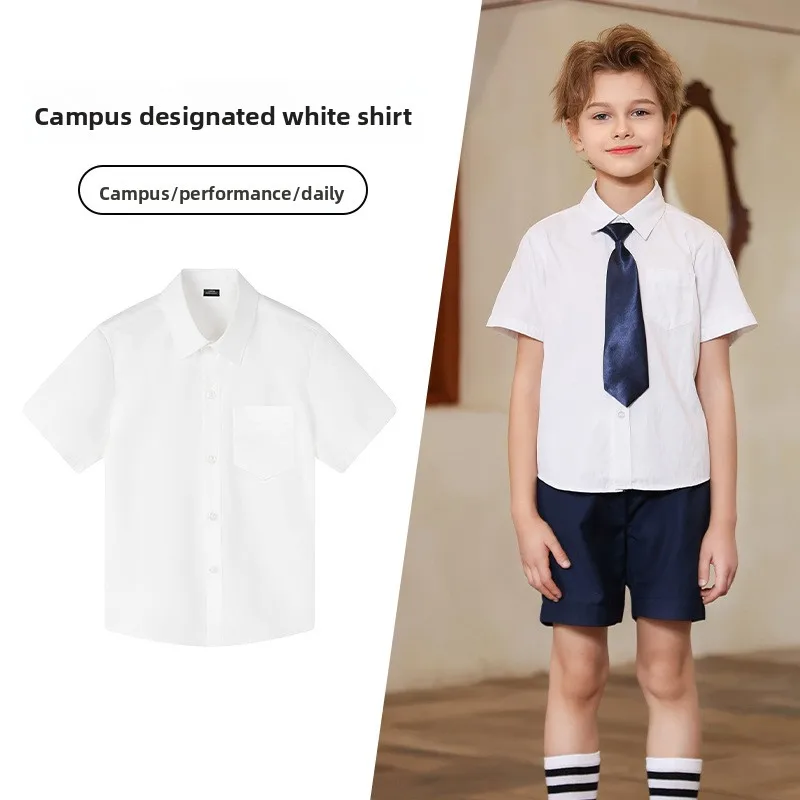 Kids Short Sleeve Cotton Shirt Comfortable Skin-Friendly Solid Tops Pleated Detail Boys Girls School Uniform Performance Wear