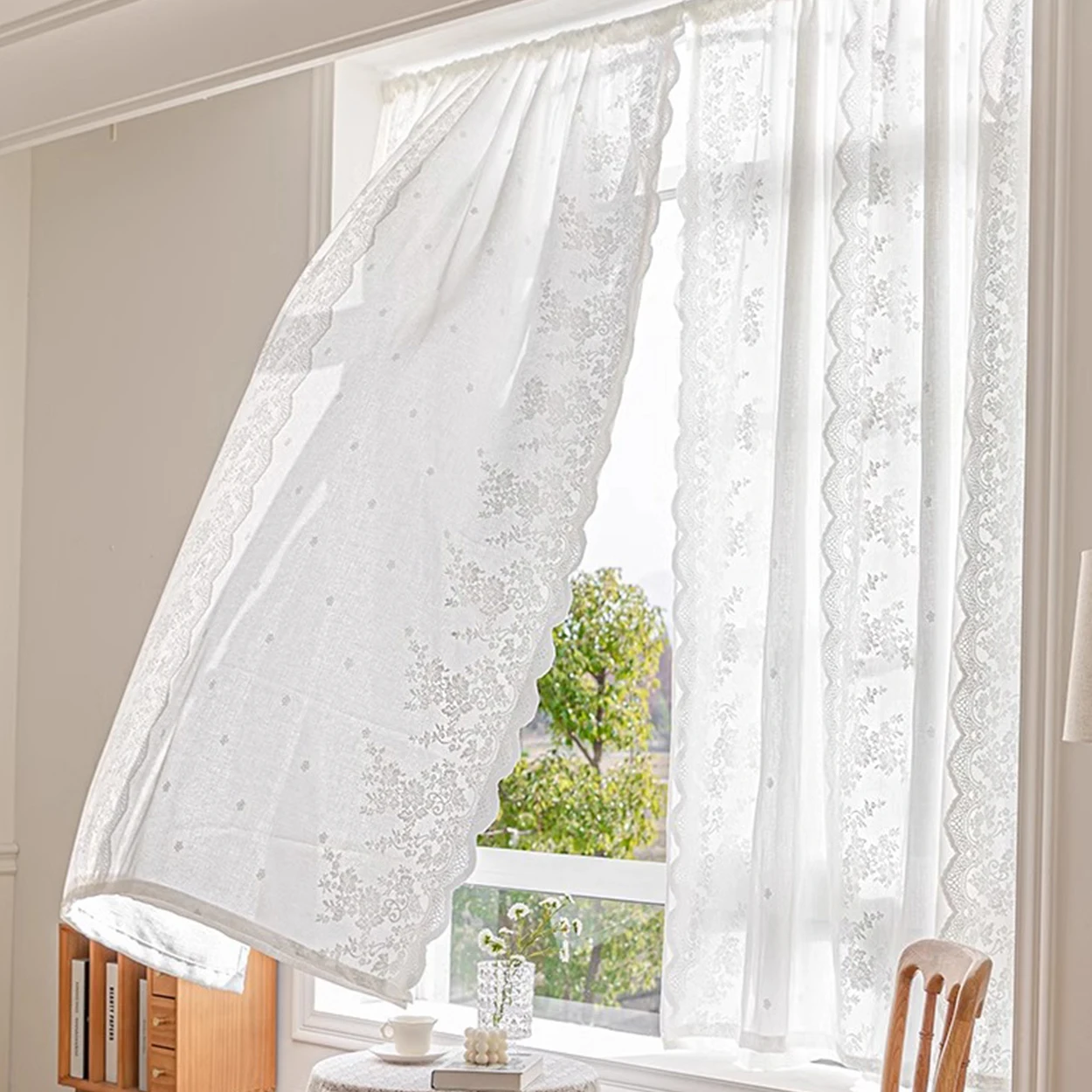 1Panel, Four-Row Flower Romantic Lace Gauze Curtain Transparent Curtain, White French Pastoral Farmhouse Style Decorative Embroidered Curtain, Suitable for Living Room, Dining Room, Kitchen and Bedroom