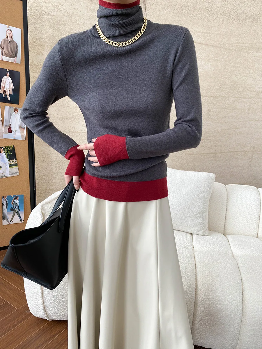 Layering Fake Two Piece Contrasting High Neck Slim Fit Sweater Basic Tops