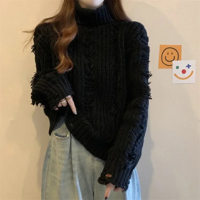 Women New Tassels Hollow Out High Collar Knitted Sweater Chic Furry Solid Colors Knitted Pullovers Autumn Winter Warm Jumpers