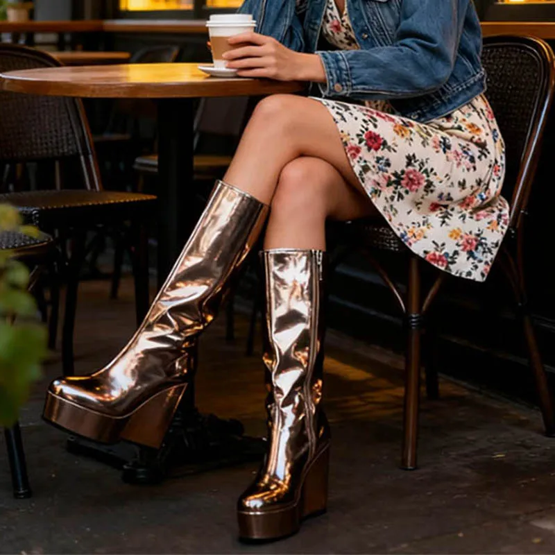 

Ronticool Fashion Knee High Boots for Women Wedge Heels round Toe in Red Pink Burgundy plus Size 42 Party Shoes