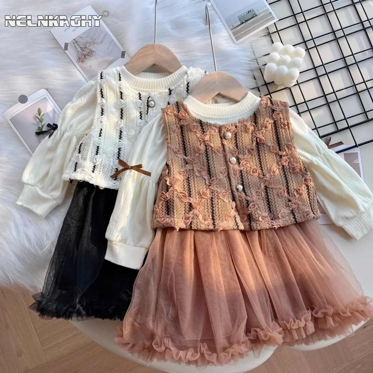 2024 Spring and Autumn New Girls' Knit Chanel Style 3D Rose Vest Tank Top Patchwork Long Sleeve Mesh Dress