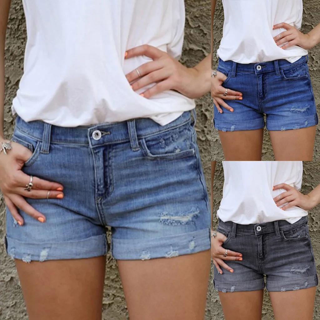 New Women'S High-Waisted Hot Shorts Fashion Trend Ripped Hem Jeans Summer Comfort Street Casual All-In-One Denim Shorts