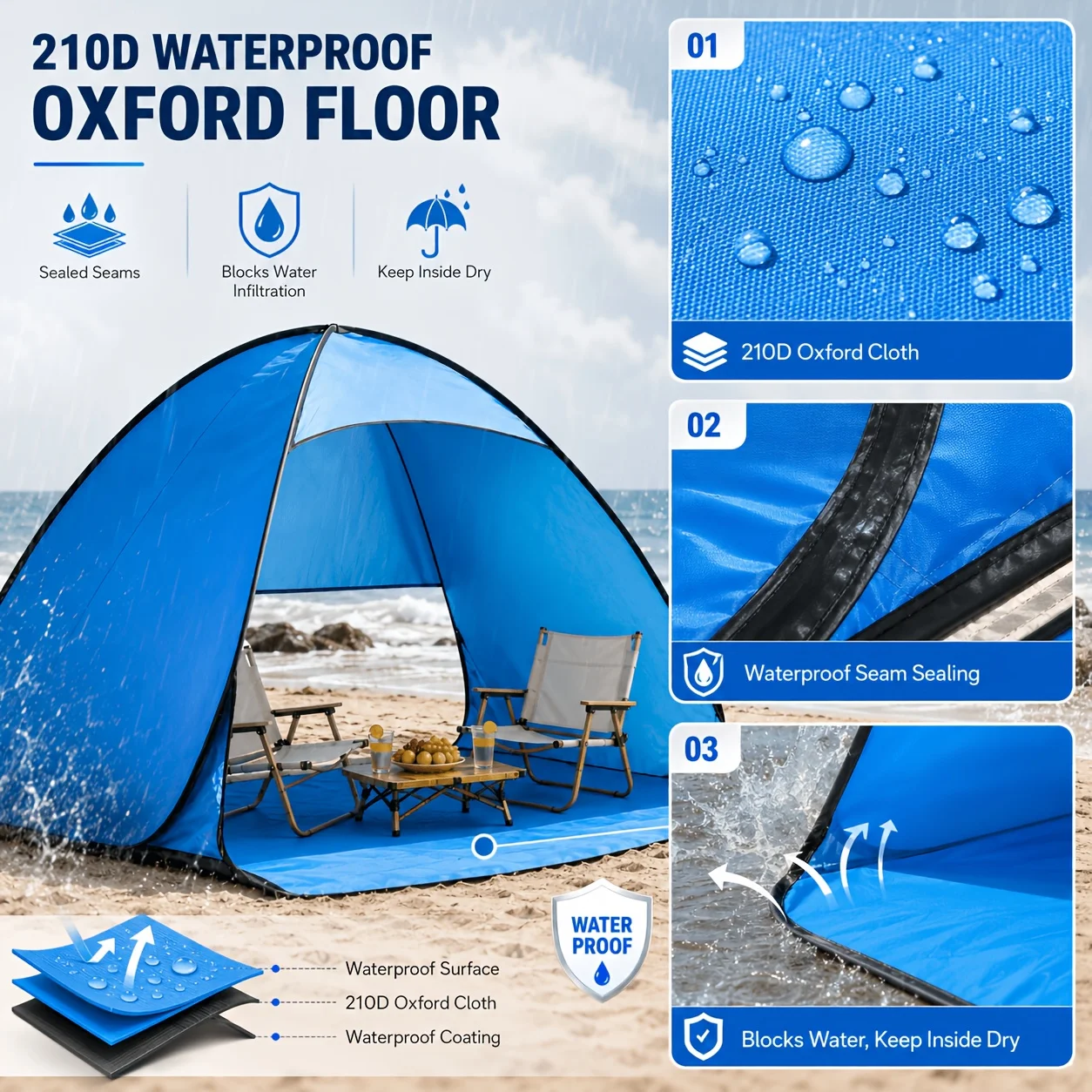 Image of Pop-Up-Strandzelt für 2-3 Personen, tragbarer Sonnenschutz mit UV-Schutz und Silberbeschichtung, schnell aufklappbares Camping-Picknick-Vordach