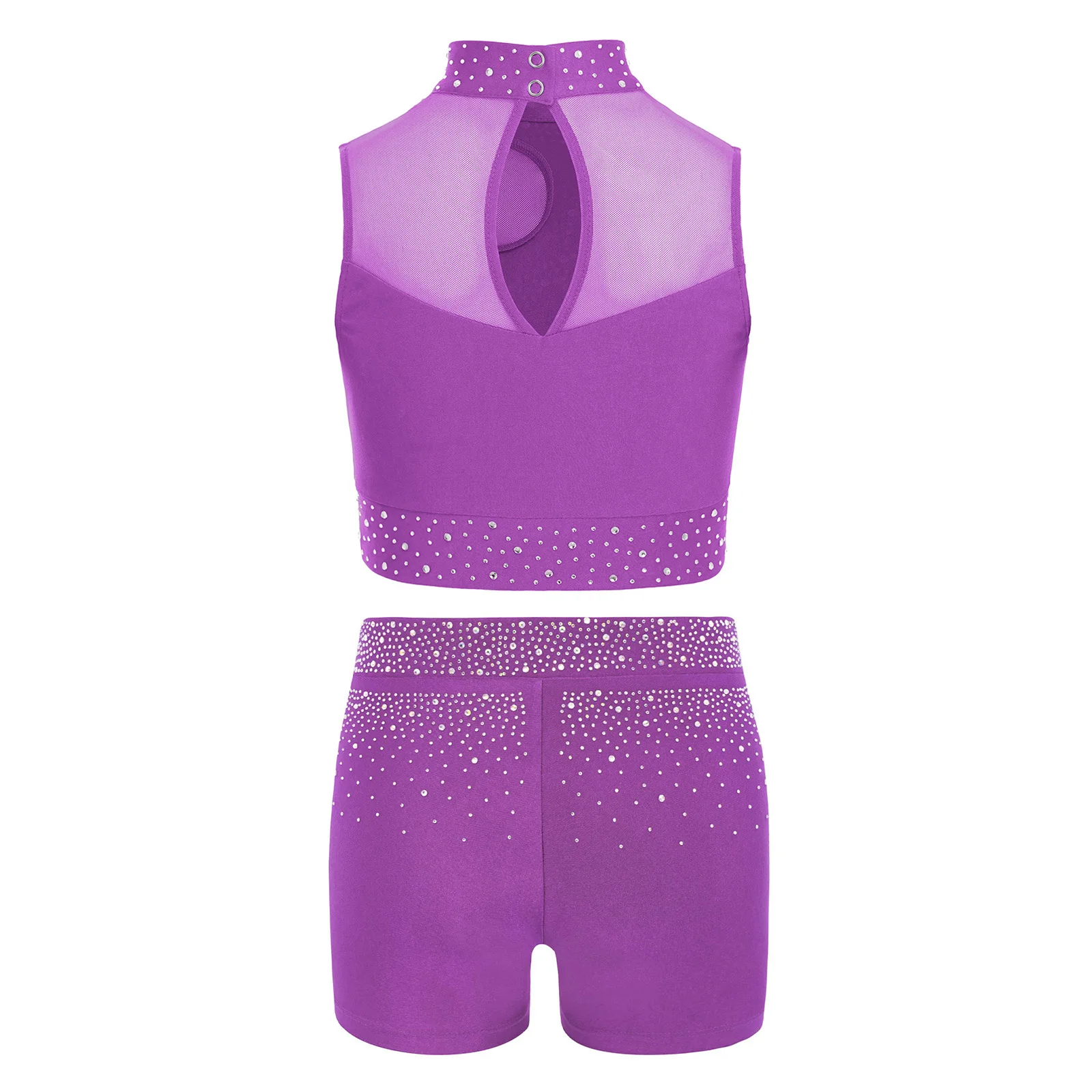 Kids Girls Gymnastics Ballet Dance Outfit Sleeveless Keyhole Back Mesh Patchwork Rhinestones Crop Top+Shorts Set Yoga Sportwear