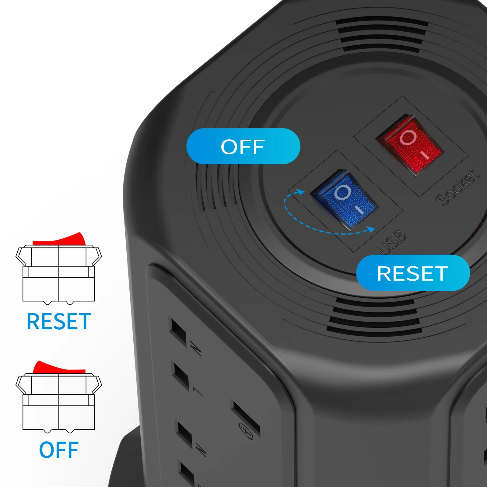 1.8M Cable Tower Extension Lead with USB Slots with 18W USB C Fast Charger(5V/3.1A), 12 Way Plug Extension Tower