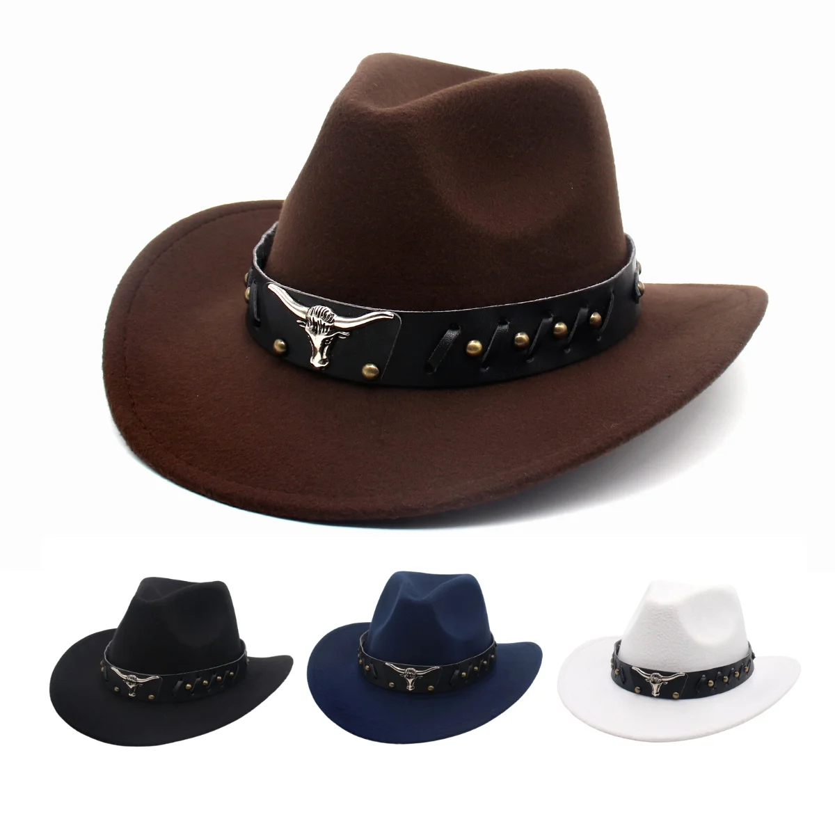 

Vintage Western Cowboy Men's Hat With Bull Shaped Decor Classic Country Jazz Hats For Women Ethnic Style Retro Knight Felt Hats