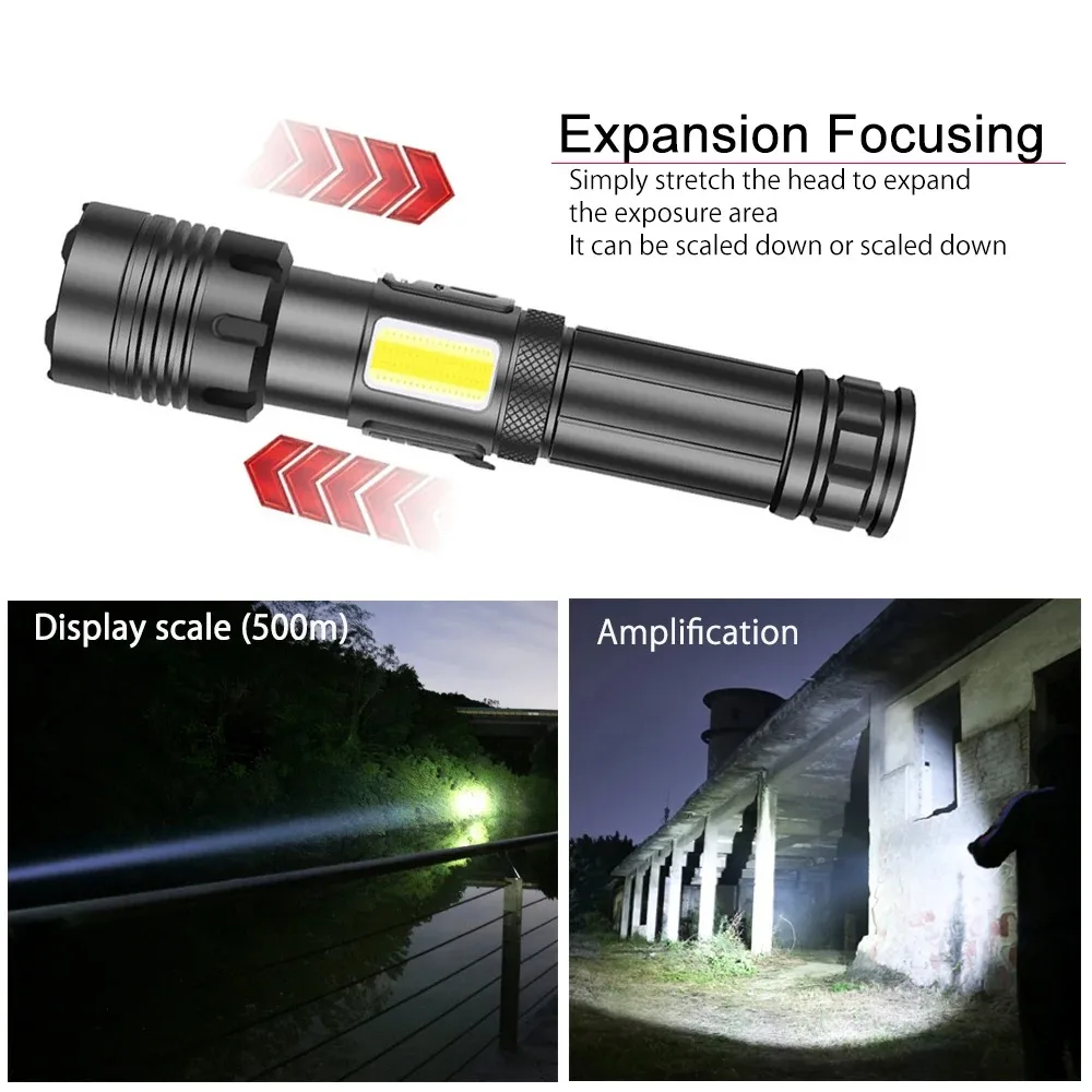 High Power LED Flashlight XHP160+COB Side Light Lantern Super Bright Tactical Torch USB Rechargeable 7 Modes IPX67 Waterproof